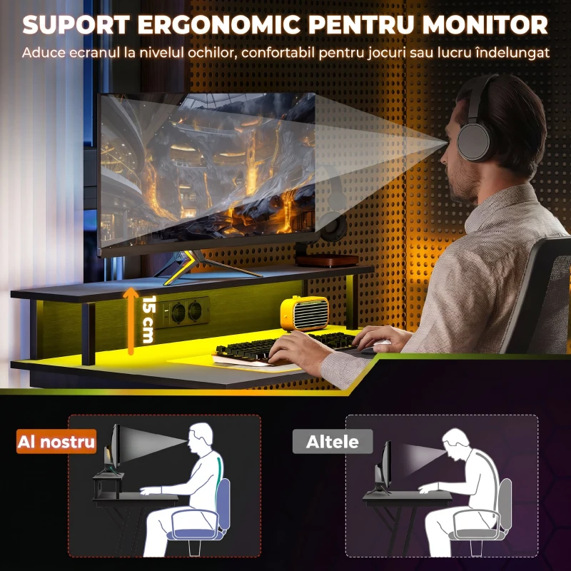 Birou Gaming LED cu Suport pentru Monitor - imagine 5
